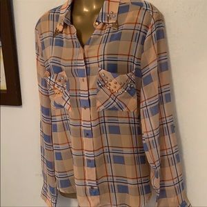 FATE. Beige blue  Plaid Button Down Long Sleeve